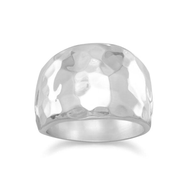 Wide domed cigar band ring with a hammered textured surface, shown in white tone