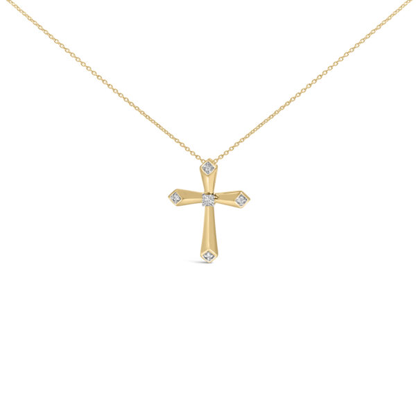 Cross pendant in yellow gold vermeil with five round diamonds set along its arms, shown on a plain background