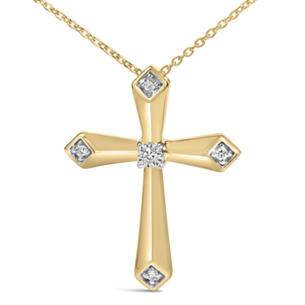 Cross pendant in gold vermeil photographed from a slight angle to show the depth of the settings