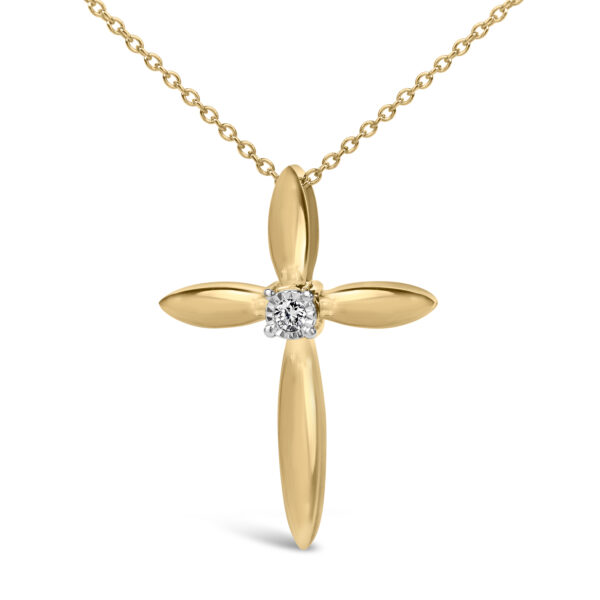 Side angle of the gold vermeil cross pendant showing the chain link and clasp area