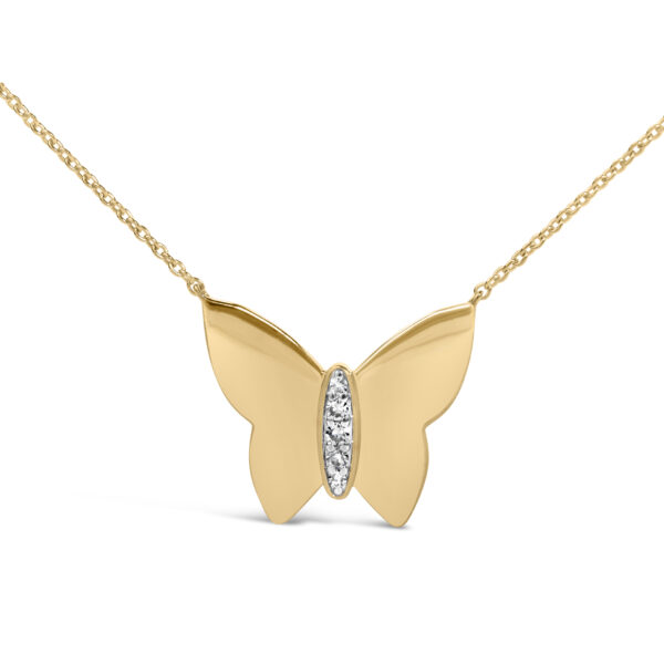 Close-up angle of the gold vermeil butterfly pendant showing the diamond placement