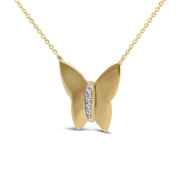 Side view of the butterfly pendant showing the chain attachment at the wing tips