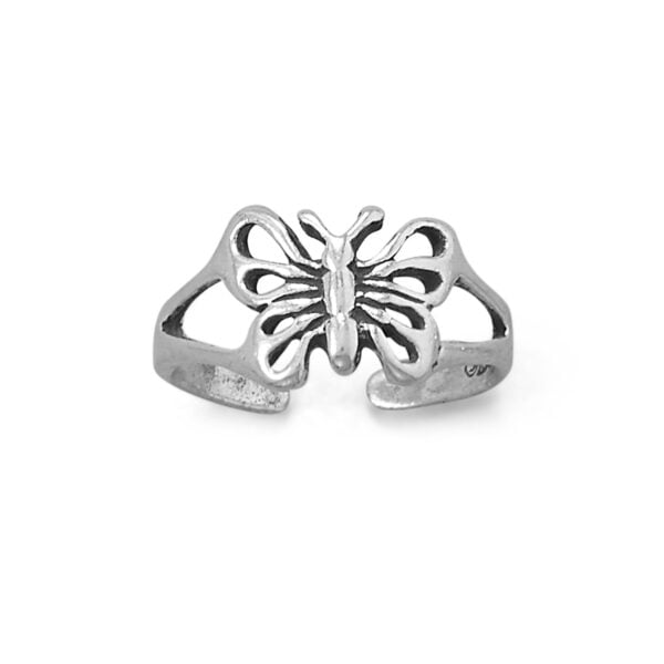 Open toe ring shaped as a cutout butterfly with textured wings, shown in a white-toned finish
