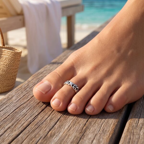 Alternate angle of the oxidized Celtic knot and star toe ring showing the open adjustable back