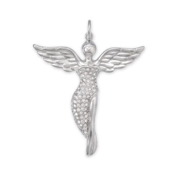 Angel figure pendant with outspread wings and pavé-set crystals covering the flowing gown