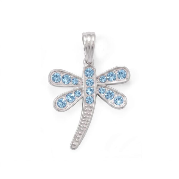 Sterling silver dragonfly pendant with blue pave-set crystals covering the wings and tail