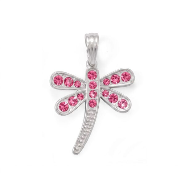 Sterling silver dragonfly pendant set with pink crystals along the body and wings
