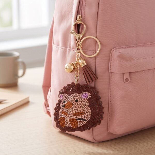 Gold tone hedgehog bag charm clipped onto the front of a backpack