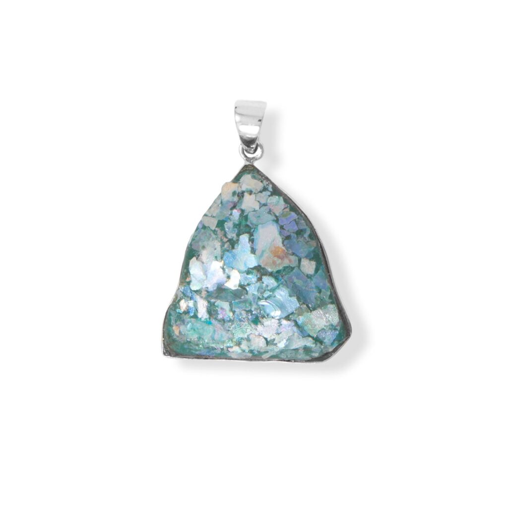 Freeform triangular Roman glass shard pendant with iridescent mottled surface, set in sterling silver on a plain bail