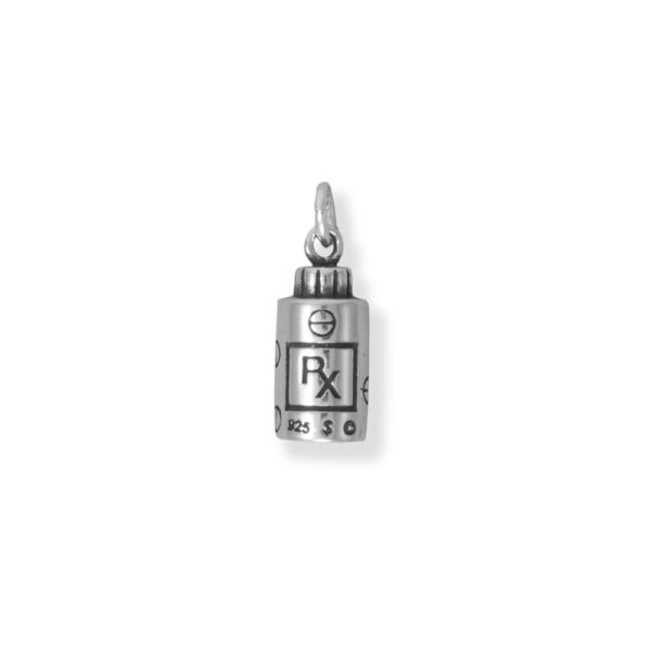 3D medicine bottle charm in sterling silver with an oxidized finish showing RX label and cap detailing