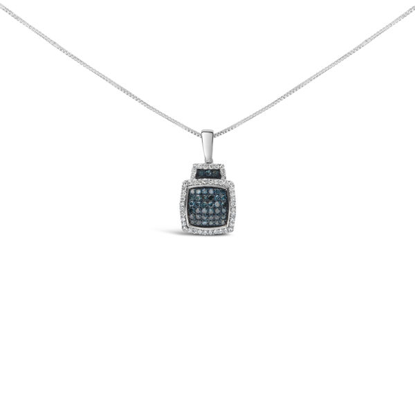 Pendant necklace with a block-shaped halo design set with blue and white round diamonds, on a sterling silver box chain