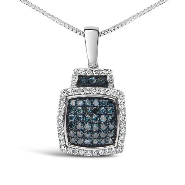 Close-up of the pendant showing the prong-set blue and white round diamonds in the halo block setting