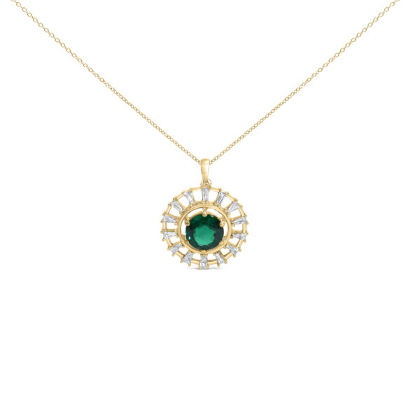 Medallion pendant with a round green emerald center and baguette diamond border on a cable chain