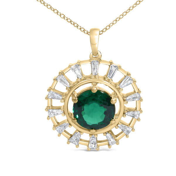 Medallion pendant seen at an angle showing the prong-set baguette diamonds around the emerald