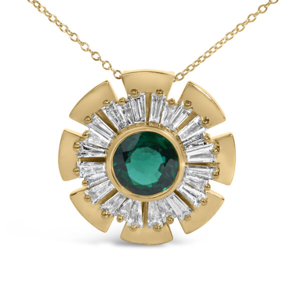 Medallion pendant shown at an angle, showing the depth of the bezel setting and the cable chain