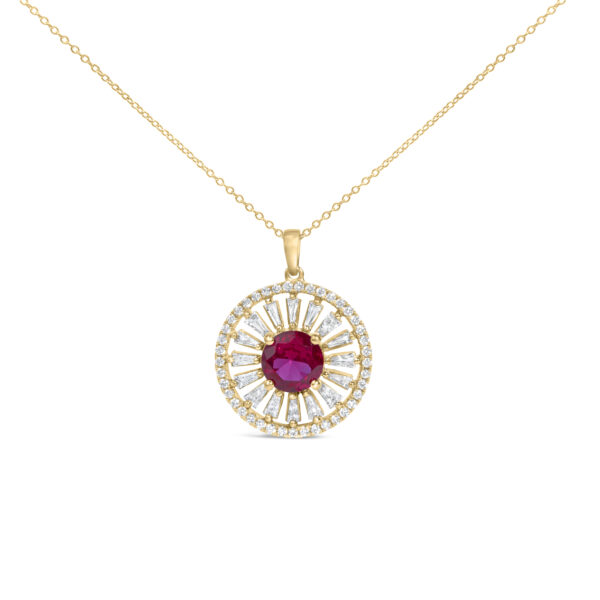 Sunburst medallion pendant with a round red center stone and diamond rays on a chain