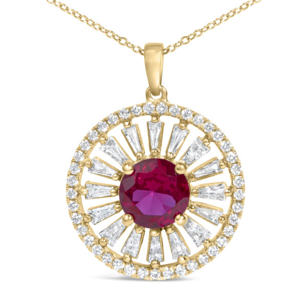 Sunburst medallion pendant shown at an angle to display the prong-set stones and chain link