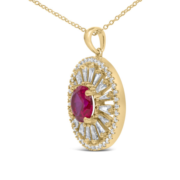 Close-up of the sunburst medallion pendant showing the ruby center stone and surrounding diamonds