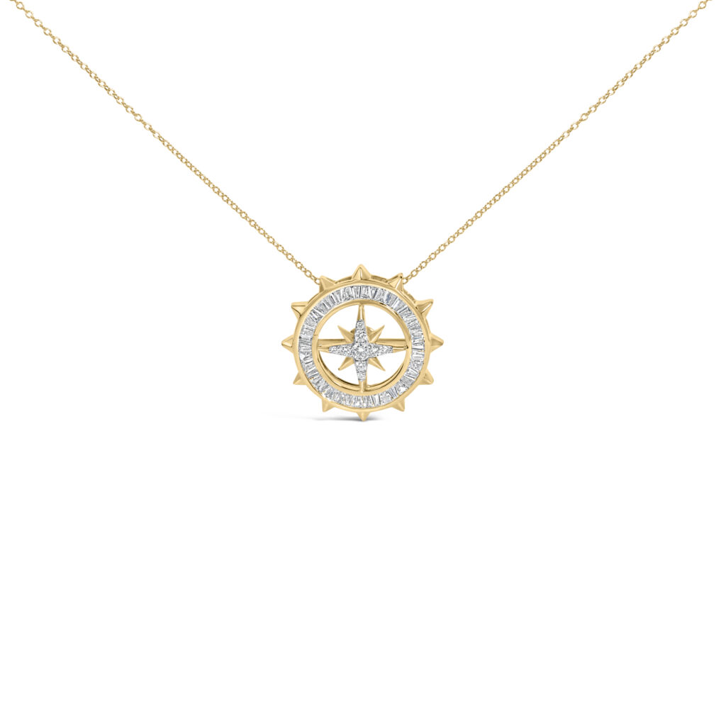 Compass medallion pendant necklace laid flat, showing the round diamond medallion and cable chain