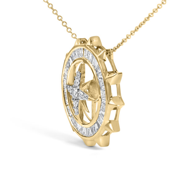 Compass medallion pendant necklace shown from an angle to show the medallion's dimension