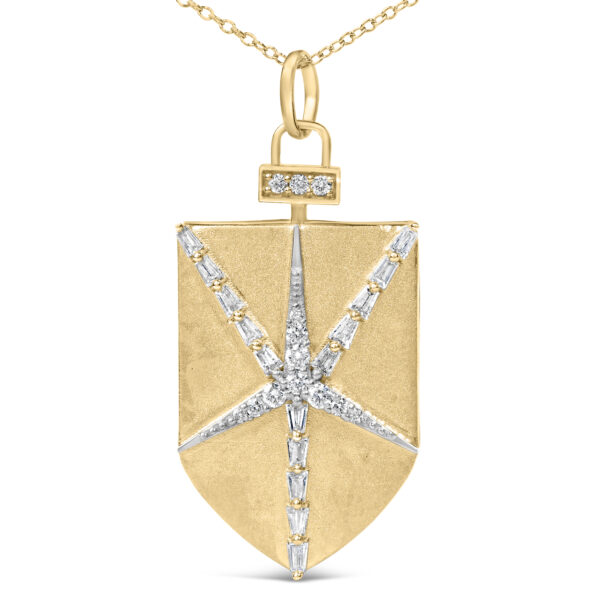 Shield star medallion pendant shown from an angled view, showing the diamond surface and chain