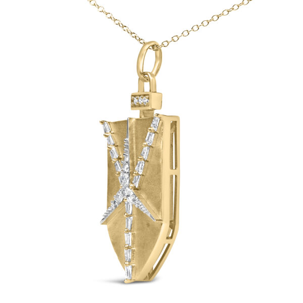 Shield star medallion pendant photographed to show the cable chain and spring ring clasp