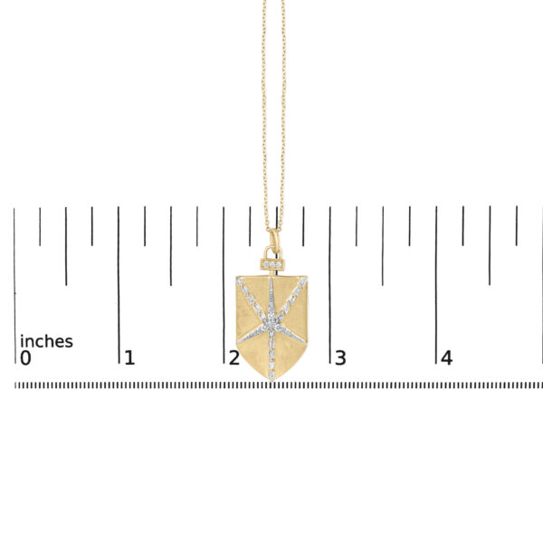 Shield star medallion pendant shown next to a scale reference for size