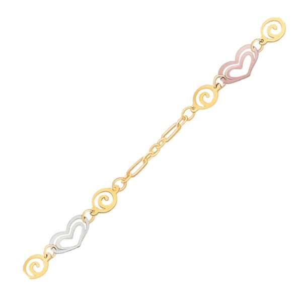 14k Tri-Color Gold Anklet with Multi Color Heart Stations - alternate view 2