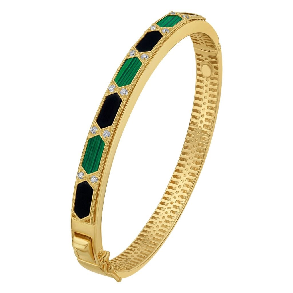 14K Yellow Gold Black And Green Art Deco Hexagon Bangle (6.00 mm) - I