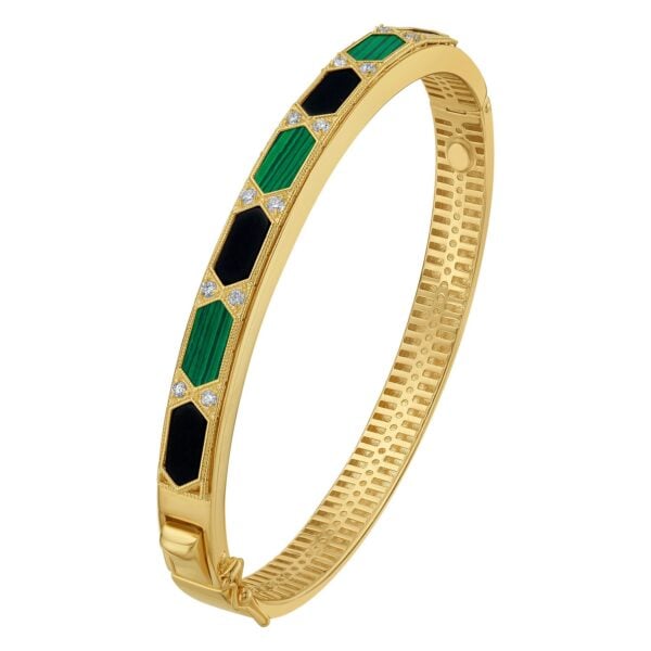 14K Yellow Gold Black And Green Art Deco Hexagon Bangle (6.00 mm) - I