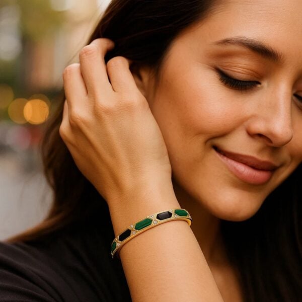 14K Yellow Gold Black And Green Art Deco Hexagon Bangle (6.00 mm) - I - alternate view 4