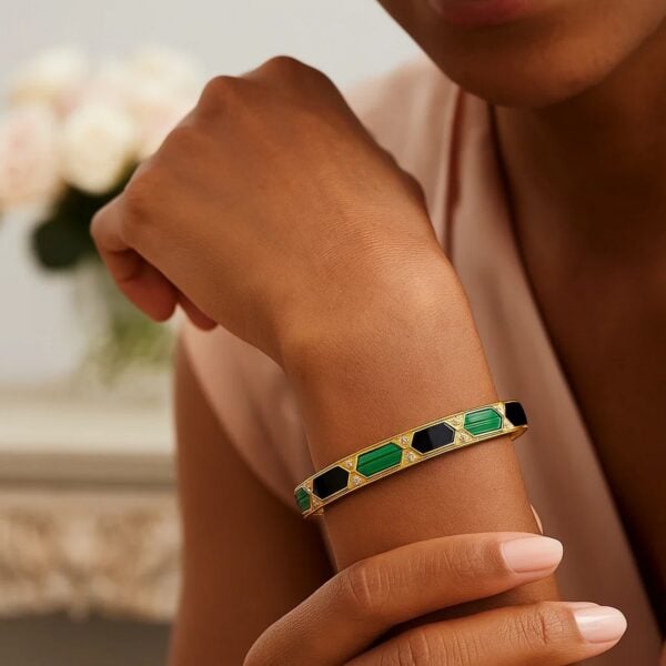 14K Yellow Gold Black And Green Art Deco Hexagon Bangle (6.00 mm) - I - alternate view 5