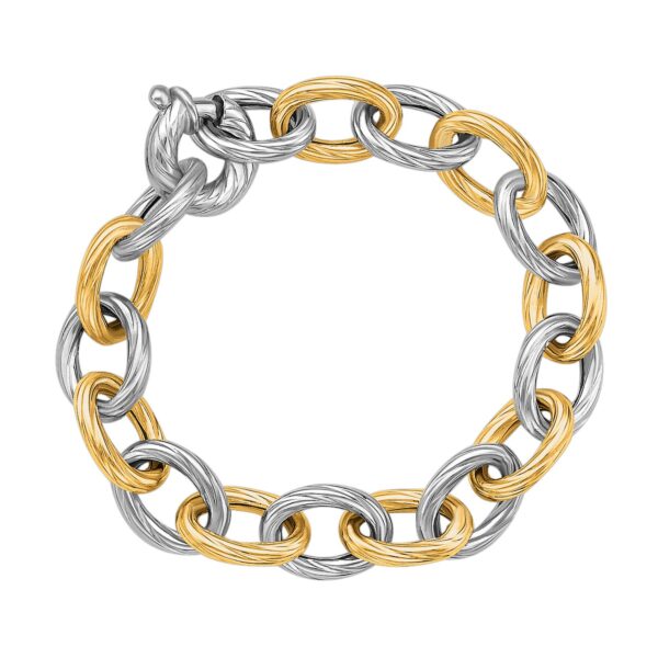 18k Yellow Gold and Sterling Silver Rhodium Plated Diamond Cut Chain Bracelet - Yellow Gold &amp; Sterling Silver