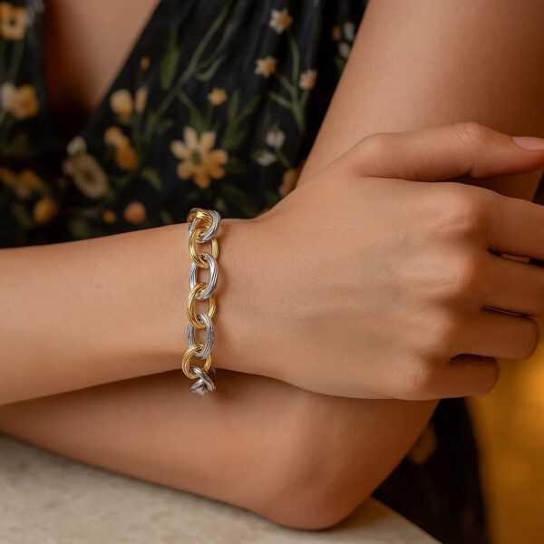 18k Yellow Gold and Sterling Silver Rhodium Plated Diamond Cut Chain Bracelet - Yellow Gold &amp; Sterling Silver - alternate view 4