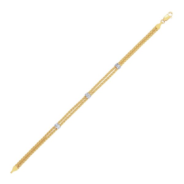 14k Two-Tone Gold Dual Wheat Chain Bracelet with Diamond Stations (3.75 mm) - J
