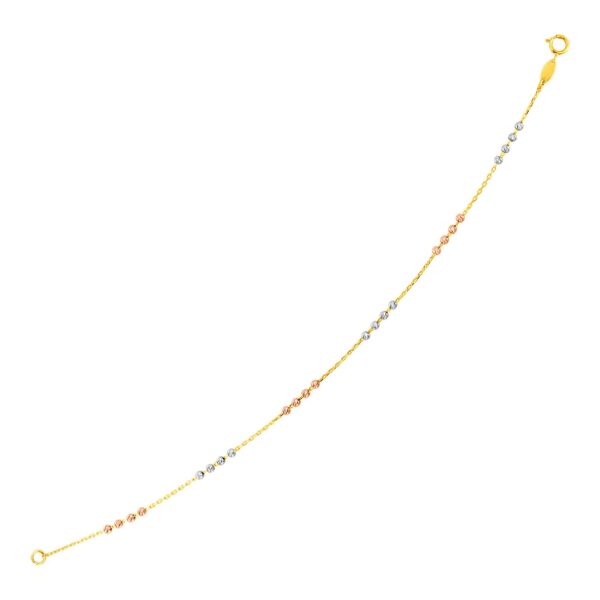 14k Tri Color Gold Station Bracelet with Textured Beads (2.10 mm) - Tri-Color Gold