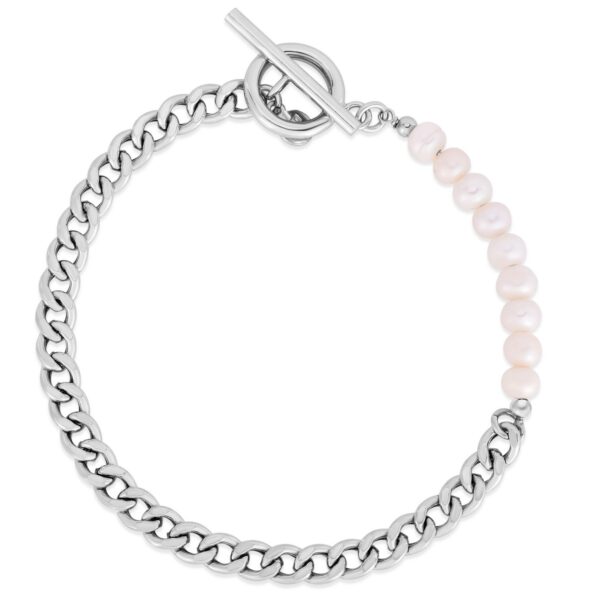 Sterling Silver Rhodium Plated Pearl Pearl Curb Toggle Bracelet (4.50 mm) - alternate view 3