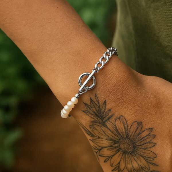 Sterling Silver Rhodium Plated Pearl Pearl Curb Toggle Bracelet (4.50 mm) - alternate view 4