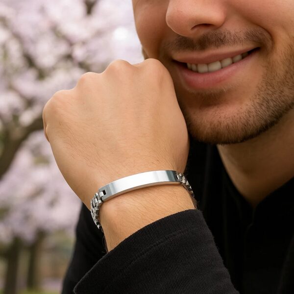Sterling Silver Rhodium Plated Railroad Chain ID Bracelet - alternate view 4