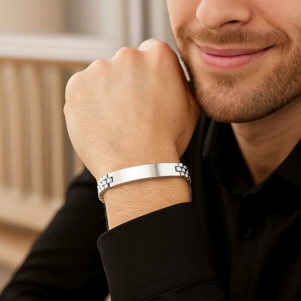Sterling Silver Rhodium Plated Railroad Chain ID Bracelet - alternate view 5