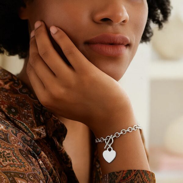 Sterling Silver Rhodium Plated Rolo Chain Bracelet with a Heart Charm (6.00 mm) - alternate view 2