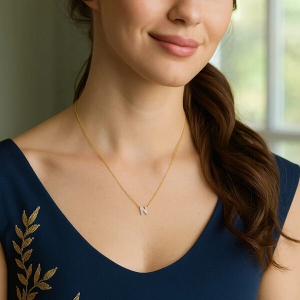 14K Yellow Gold Mini Diamond N Initial Pendant Necklace - alternate view 5