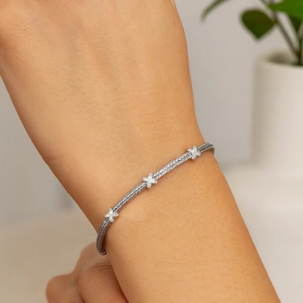 Woven Rope Bracelet with White Sapphire X Accents in Sterling Silver (2.00 mm) - alternate view 2