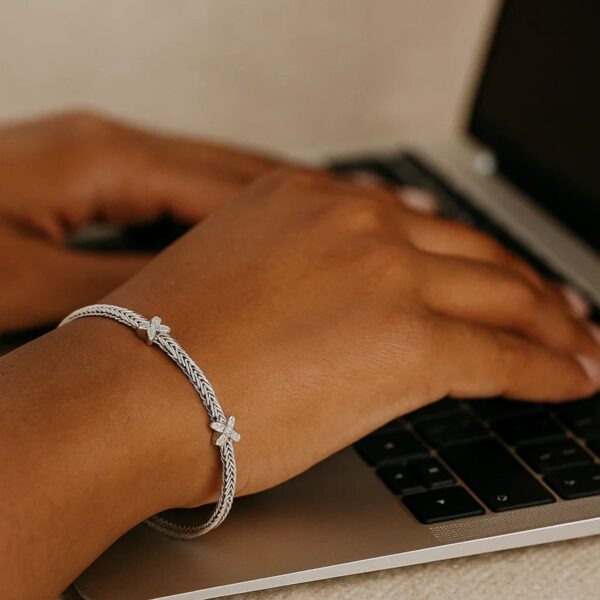 Woven Rope Bracelet with White Sapphire X Accents in Sterling Silver (2.00 mm) - alternate view 4
