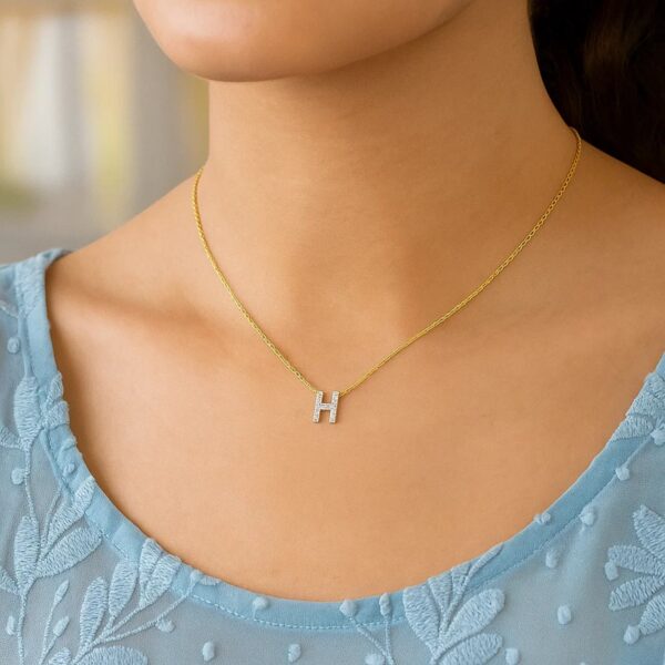 14K Yellow Gold Mini Diamond H Initial Pendant Necklace - alternate view 4