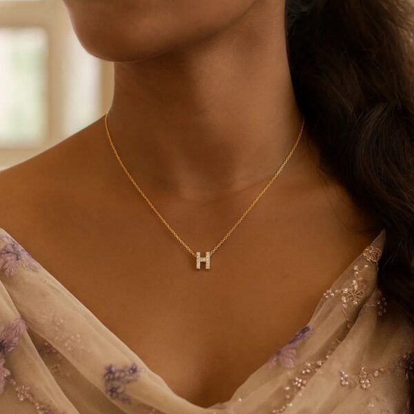 14K Yellow Gold Mini Diamond H Initial Pendant Necklace - alternate view 5
