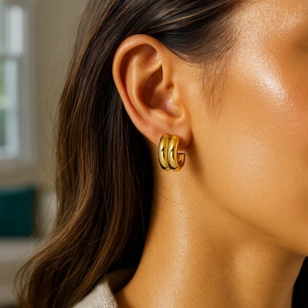 14K Yellow Gold Puffed Double Row C Hoop Earrings - alternate view 2