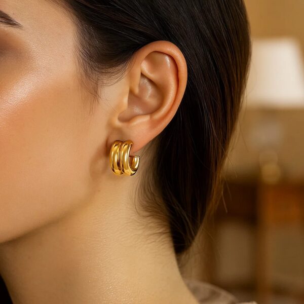 14K Yellow Gold Puffed Double Row C Hoop Earrings - alternate view 3