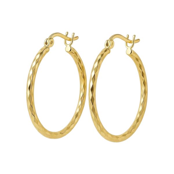 14k Yellow Gold Slender Hoop Earring with Diamond-Cut Finish (25mm Diameter) - alternate view 2