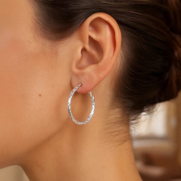 Sterling Silver Hoop Design Diamond Cut Earrings with Rhodium Plating (2x26mm) - alternate view 2
